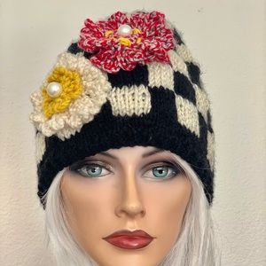 Hand Knits 2 Love Beanie Hat Cap Plaid Flowers Hip